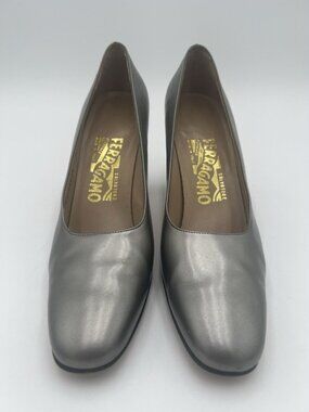 Salvatore Ferragamo Pumps 7.5AA Champagne Metallic Leather Block Heel Italy